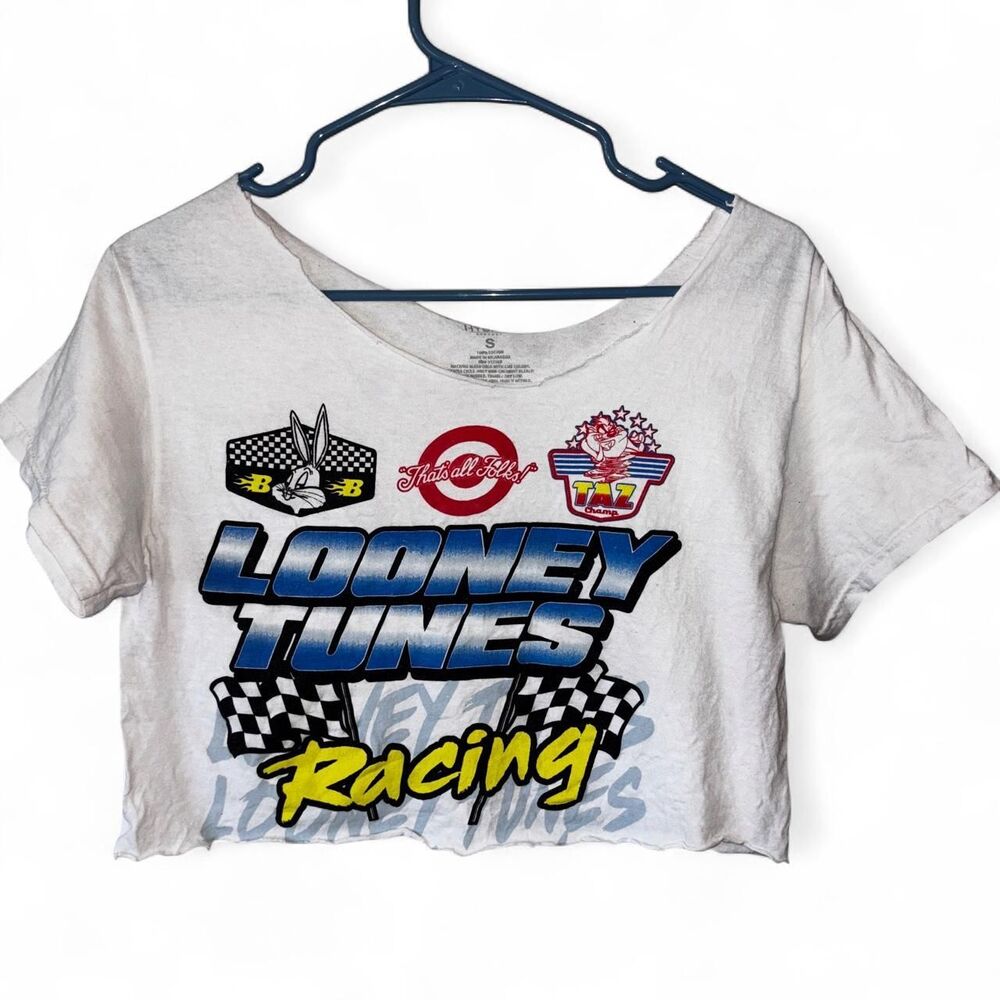 Looney Tunes Chopped White Crop Top Racing Bugs Bunny Taz Hybrid Grunge